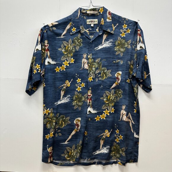 Campa Moda VTG 80s-90s Rayon Hawaiian Shirt Pinup Girls Blue Floral Korea L - Picture 3 of 7